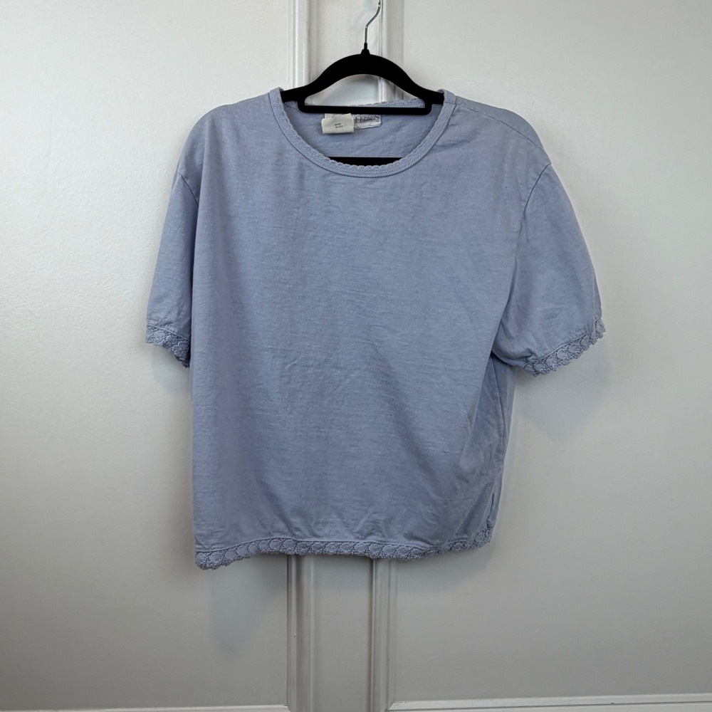 Vintage Honors Apparel Blue Cotton Crochet Lace Trim T-Shirt Made in USA XL